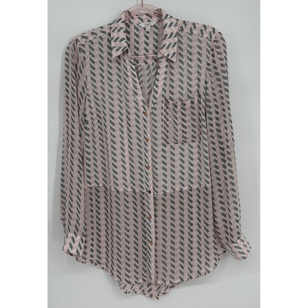Candies Womens Blouse Pink Black‎ Geometric Chevron Button Up Roll Tab Sz L